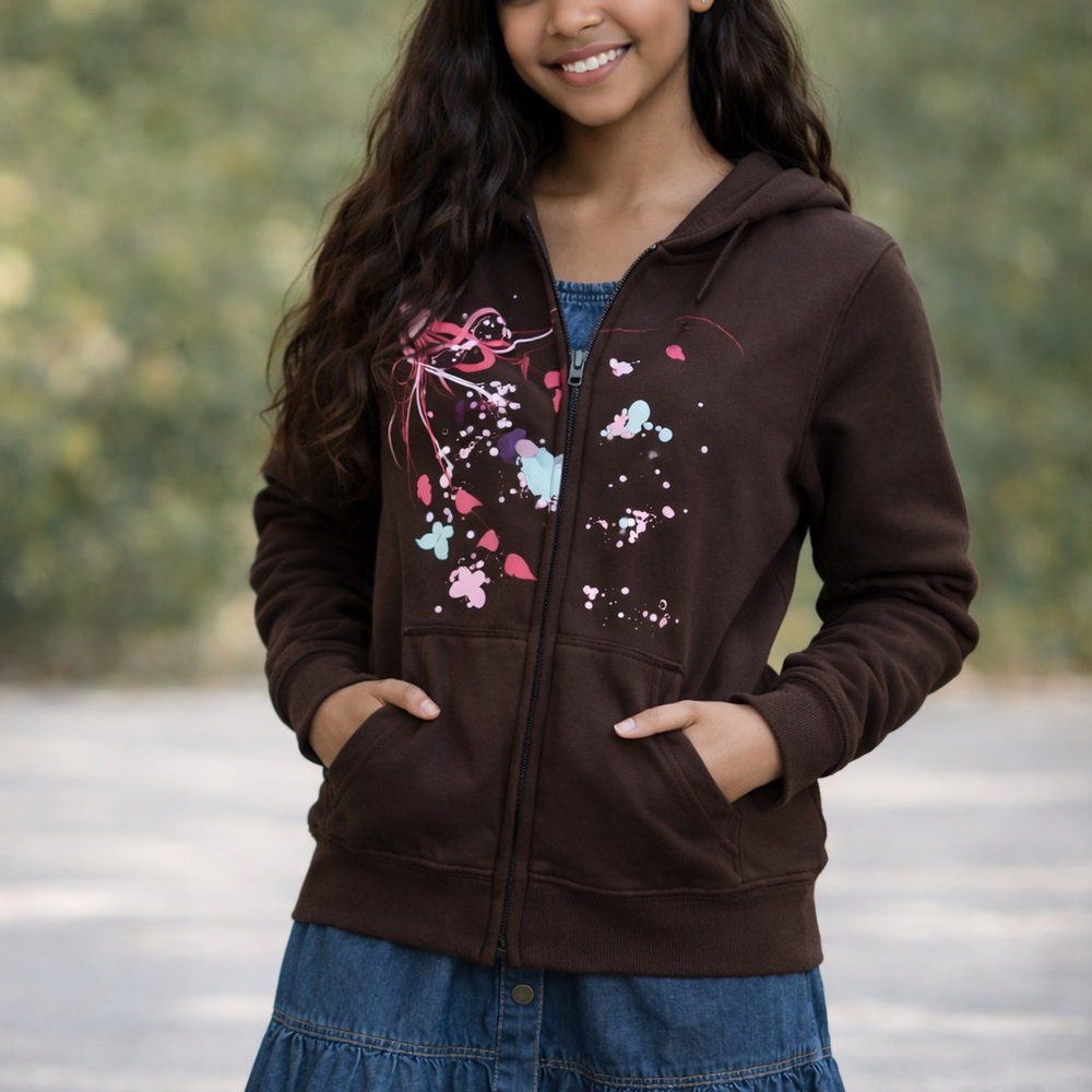 Juicy Couture Y2K Brown Zip Hoodie Pink Crown Butterfly Graphic